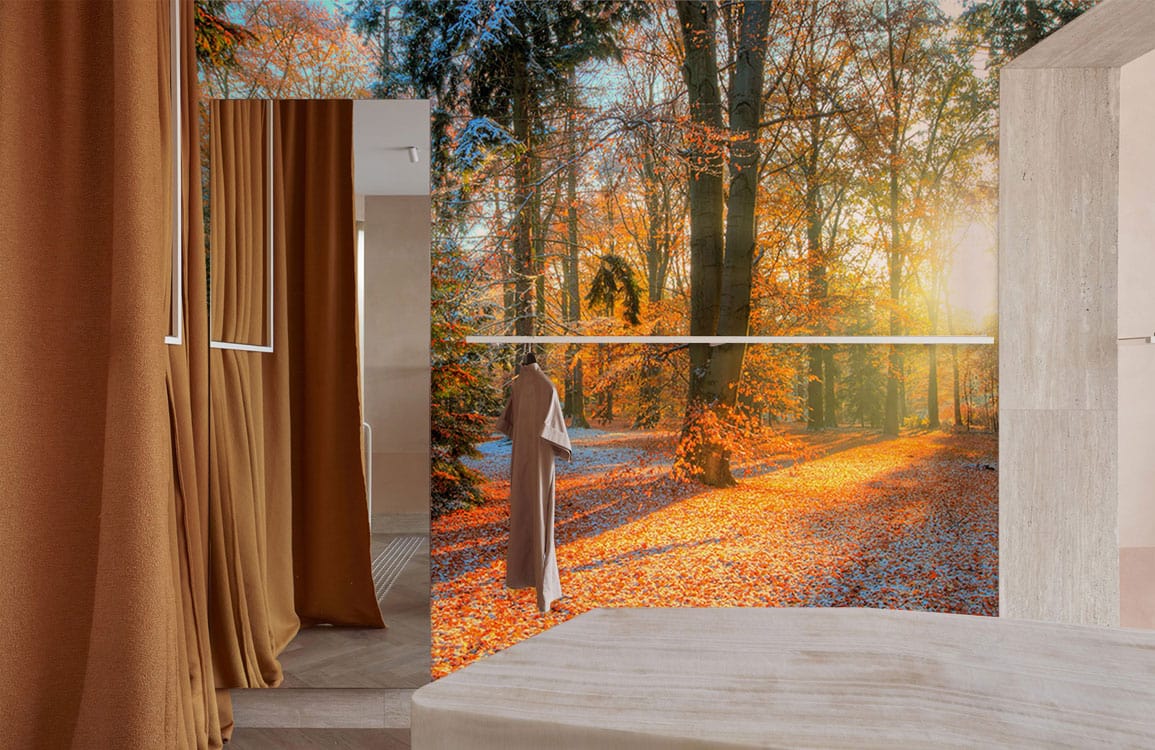 Enchanting Autumn Sunrise Forest Mural Wallpaper with Golden Leaves Scene in modern room with neutral decor.
