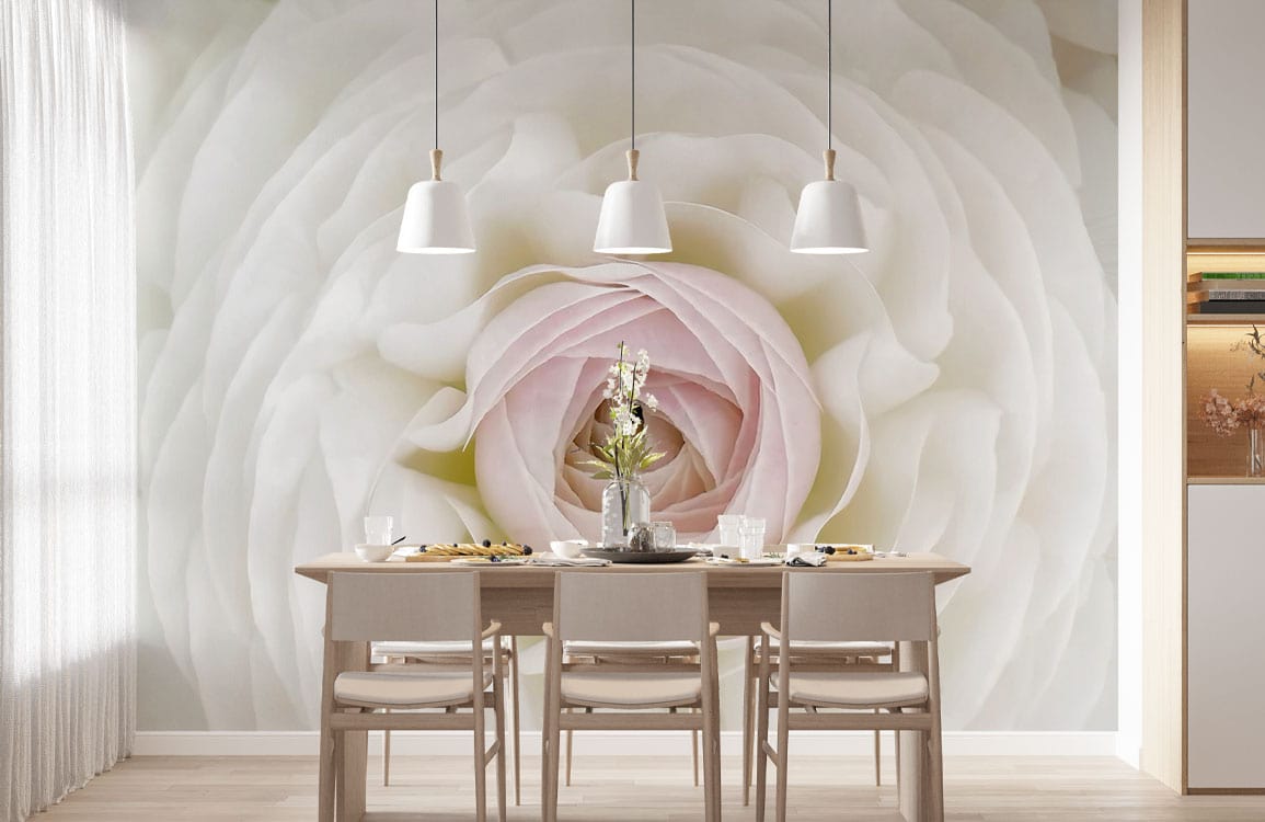 Elegant white rose floral wallpaper, dining room setting, light wood table, chairs, pendant lights.