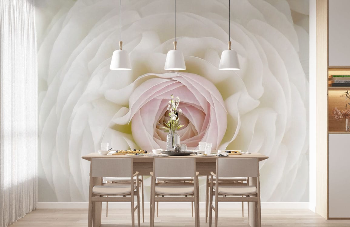 Wallpaper mural with a delicate camellia design for the dining room.