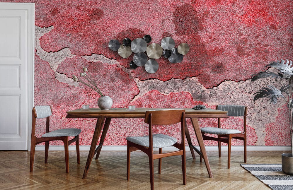 Crimson textured mural wallpaper, rustic design; dining room with wooden chairs, modern art, parquet flooring.