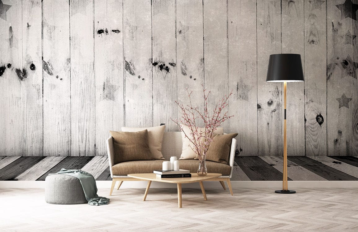 Rustic Grey Wood Panel Wallpaper with star pattern, beige sofa, modern lamp, and parquet flooring.