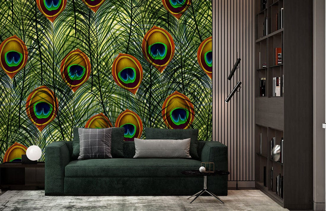 Vibrant peacock wallpaper complements dark green sofa, modern shelving, grey flooring in stylish living room.
