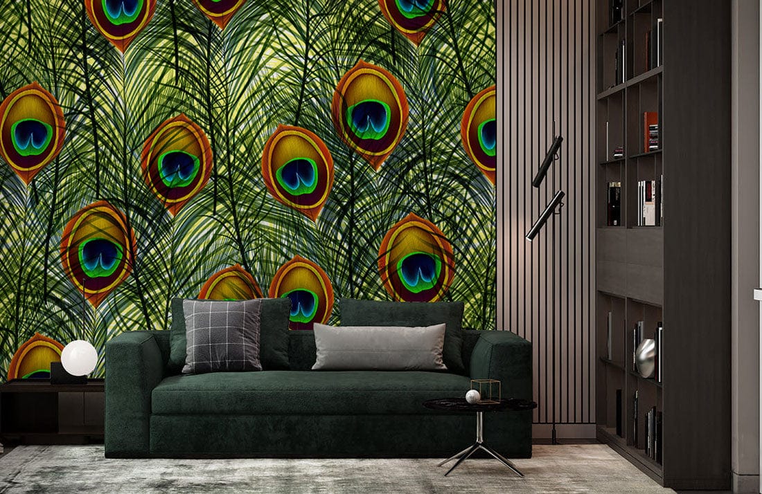 Vibrant peacock wallpaper complements dark green sofa, modern shelving, grey flooring in stylish living room.