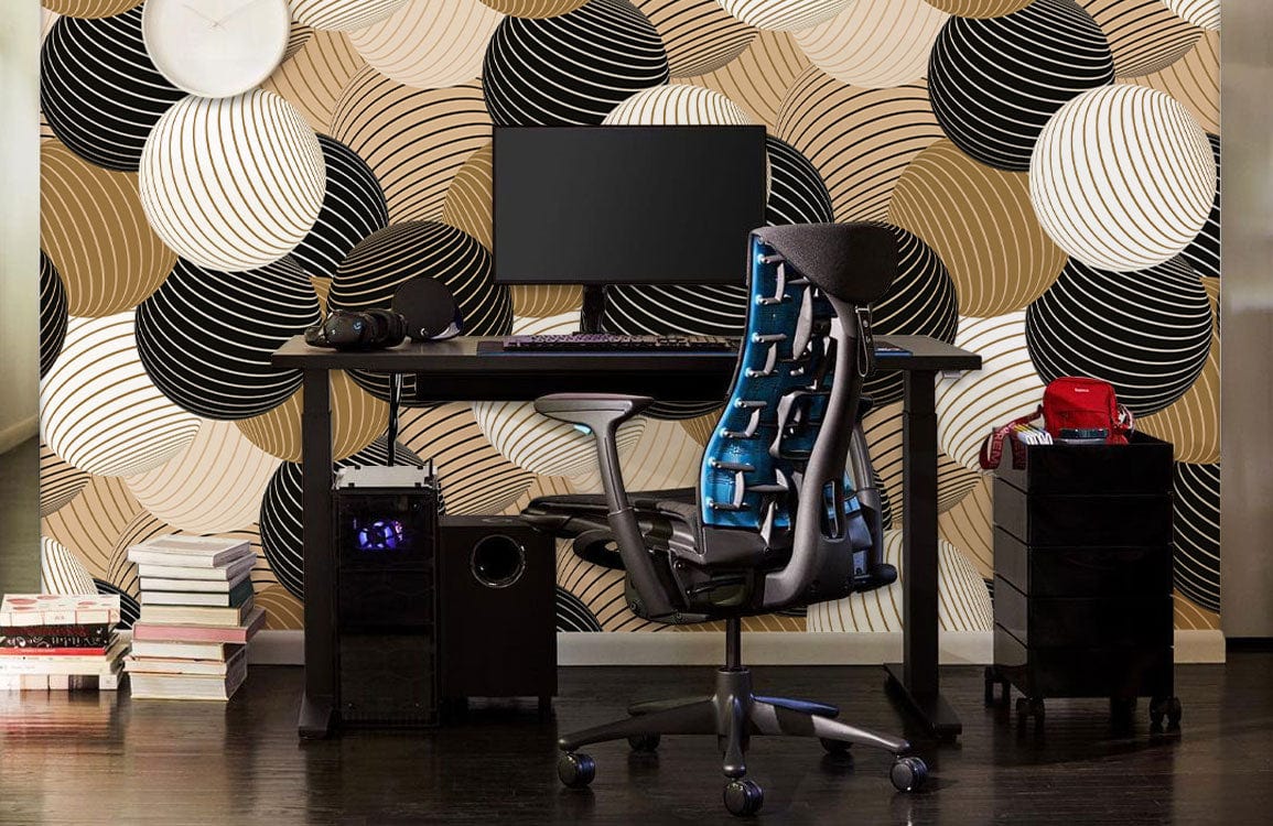 Modern black office with geometric circles wallpaper, ergonomic chair, and sleek dark hardwood flooring.