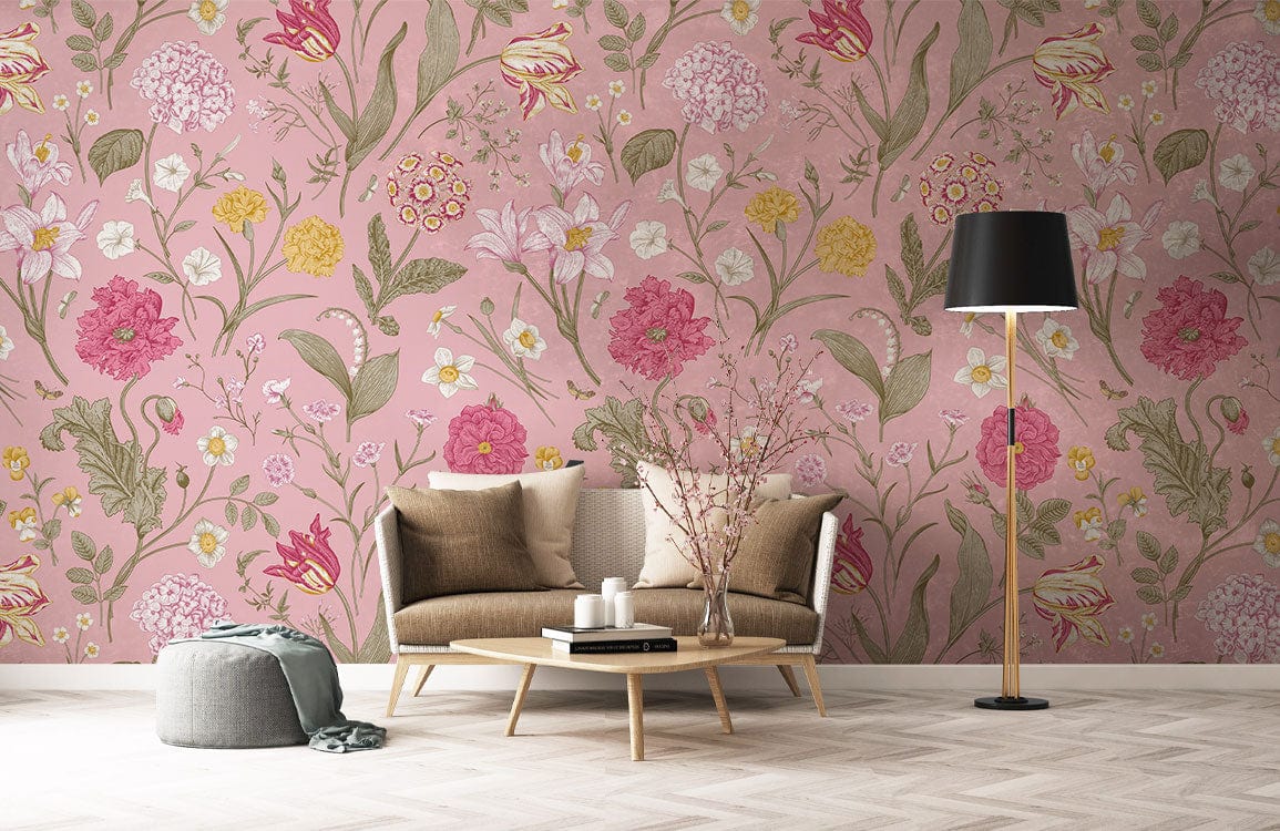 Pink floral wallpaper in living room with beige modern sofa, floor lamp, and wooden coffee table.