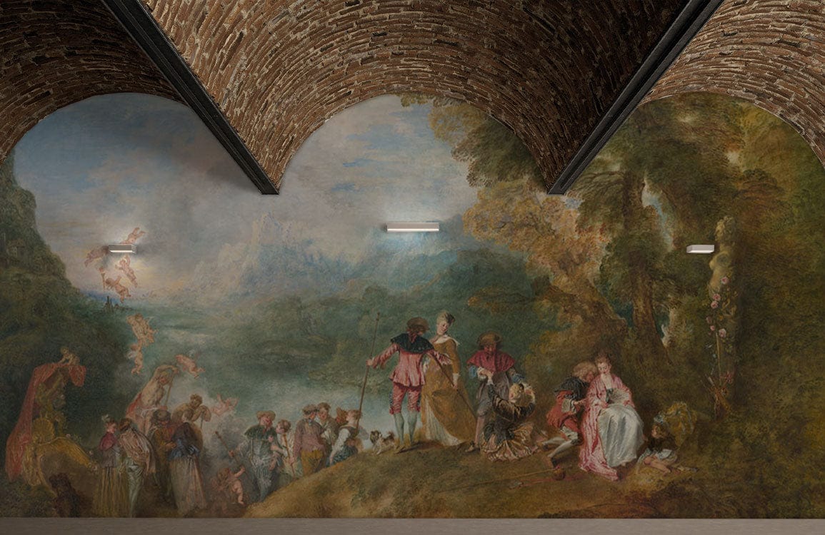 Romantic pastoral landscape mural with elegant green tones under brick vaulted ceiling in spacious room.
