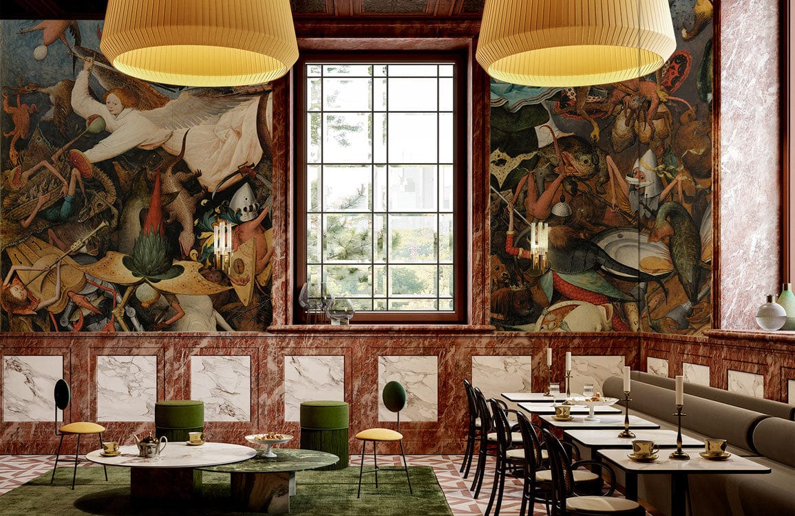 Medieval Fantasy Battle Scene Mural Wallpaper in elegant dining room with marble walls, green rug, chairs.