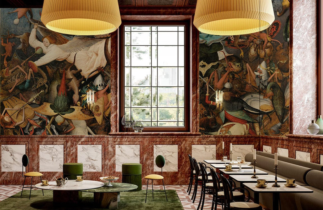 Medieval Fantasy Battle Scene Mural Wallpaper in elegant dining room with marble walls, green rug, chairs.