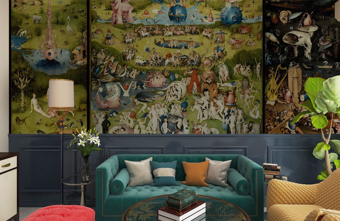 Whimsical Renaissance mural in living room with velvet sofa, wood flooring, and elegant Décor.