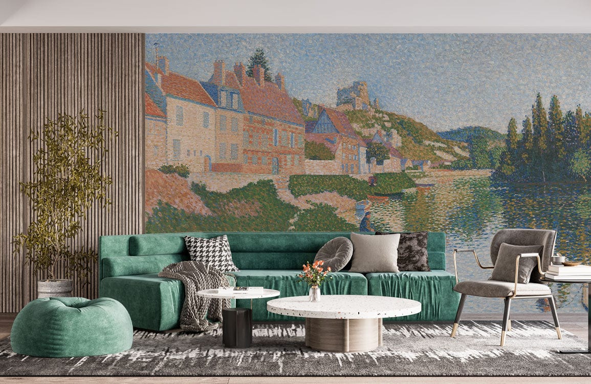 Serene Impressionist Riverside Mural Wallpaper, pastel hues, green sofa, wood panel wall, cosy living room.