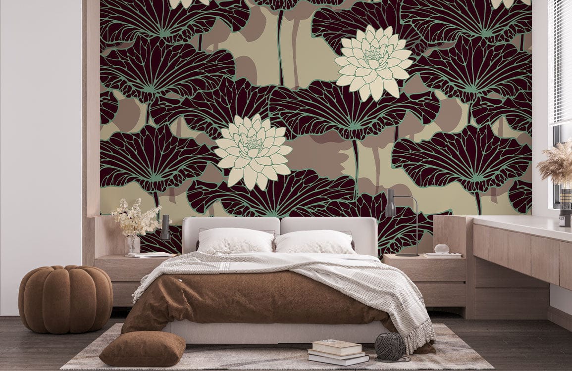 Vintage lotus blossom wallpaper in black and cream tones, brown sofa, wooden bedroom furniture.