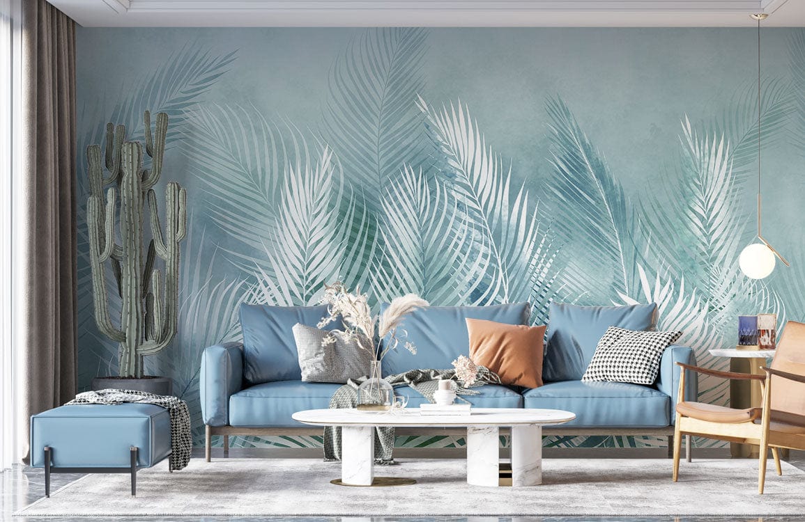 Elegant aqua fern mural in living room with blue sofa, modern decor, neutral flooring, calming ambiance.