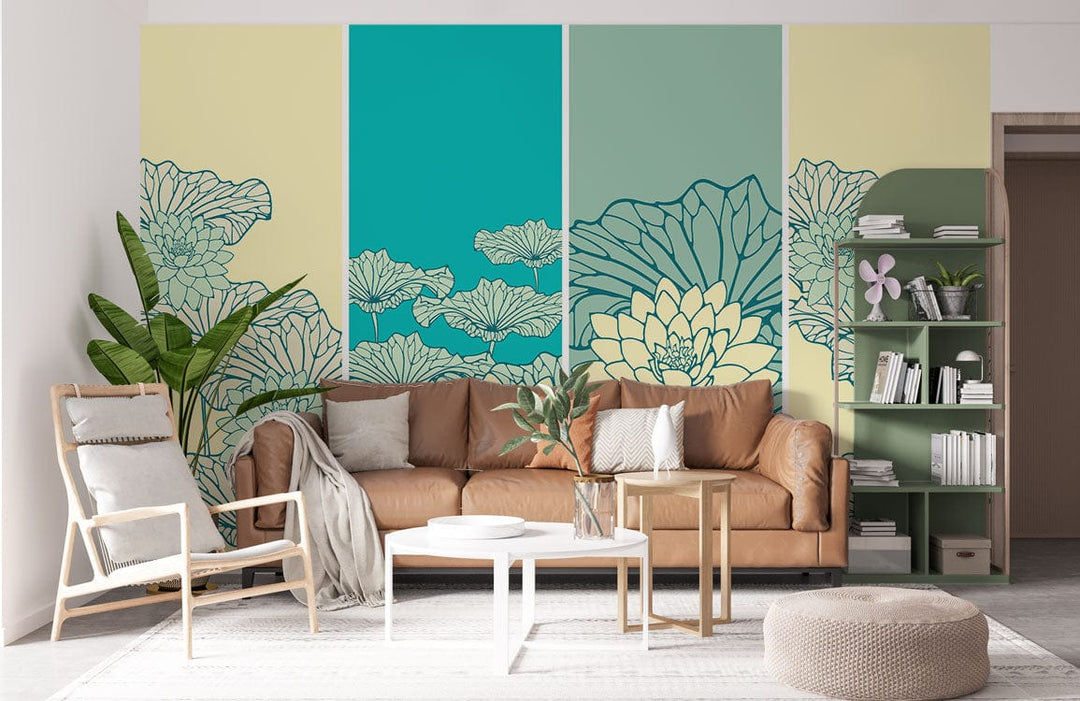Elegant mural wallpaper in teal and yellow, featuring contemporary lotus design behind tan sofa.