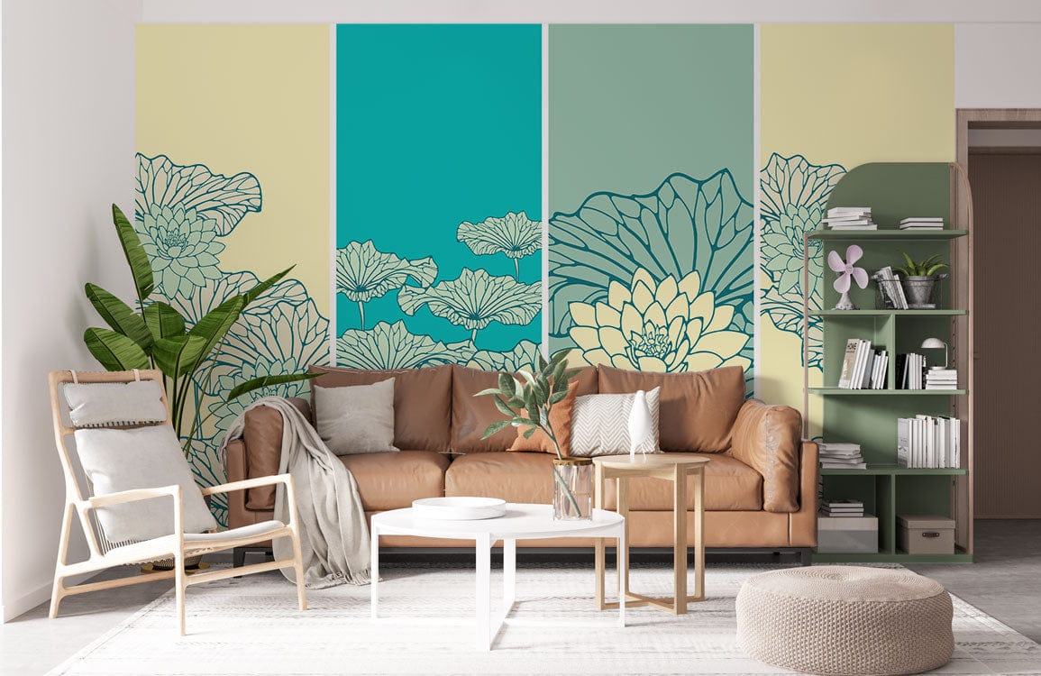 Elegant mural wallpaper in teal and yellow, featuring contemporary lotus design behind tan sofa.