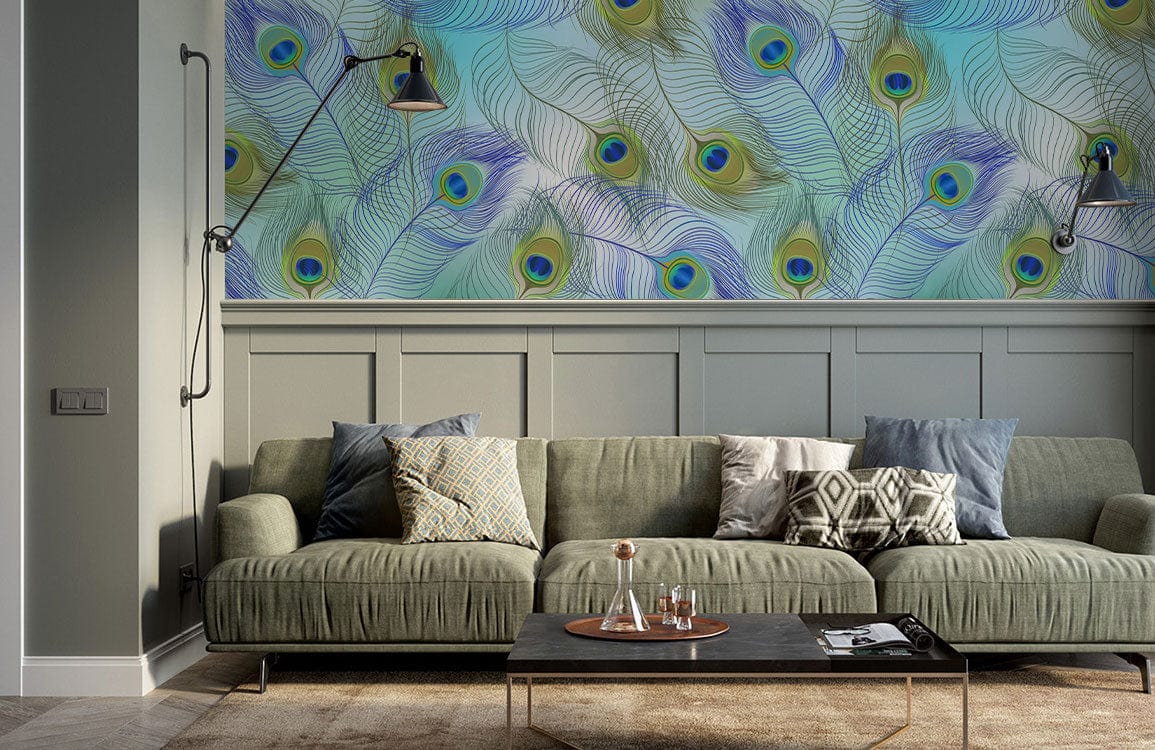 Elegant mural with peacock feathers, stylish green sofa, cosy living room, and elegant lighting fixtures.