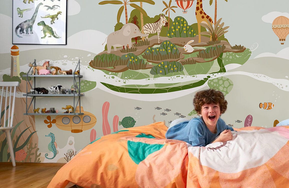 Whimsical Safari Adventure mural in child's bedroom, wooden flooring, orange bedding, playful jungle theme.
