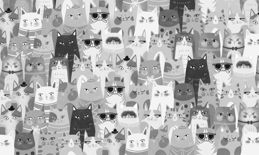 Monochrome Whimsical Cats Pattern Wallpaper for Playful Modern Interiors