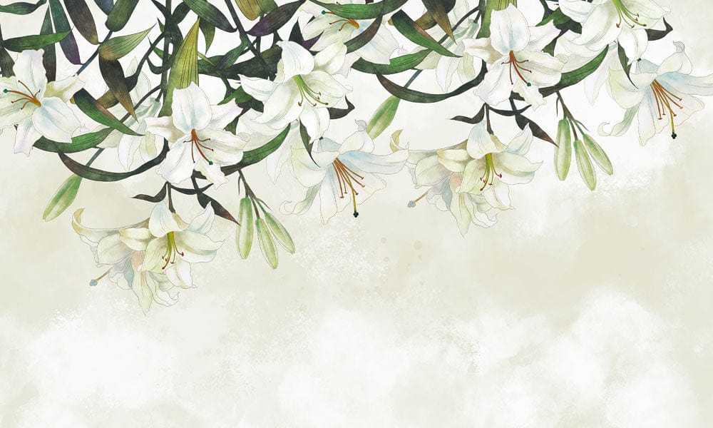 Elegant White Lily Floral Watercolour Mural Wallpaper - Nature Inspired Décor
