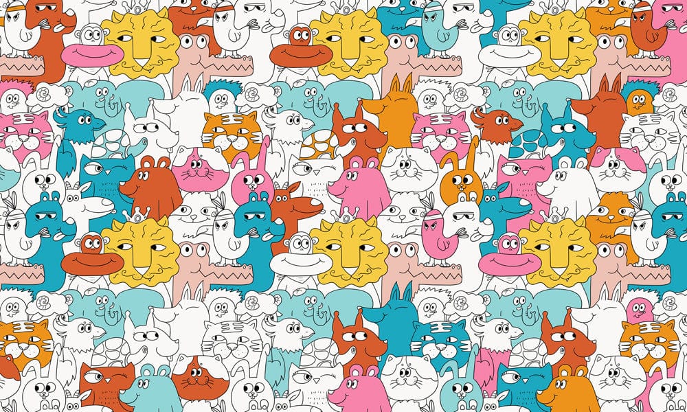 Colourful Cartoon Animal Friends Fun Kids' Room Repeated Pattern Wallpaper