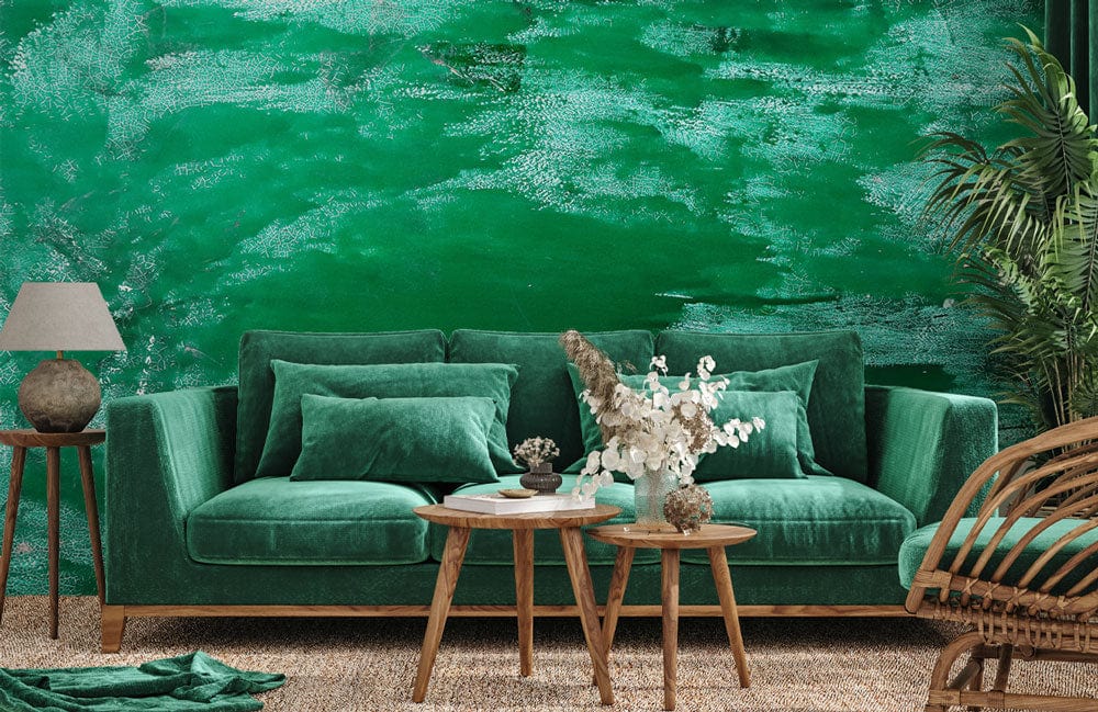 Decorate your living room with this uneven green paint wall mural featuring a wallpaper mural.