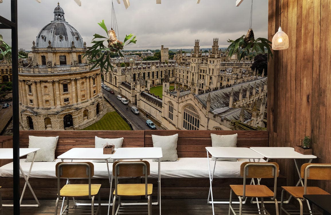 Classic British University Architecture Mural Wallpaper, grey tones, wood panelling, café setting, elegant seating.