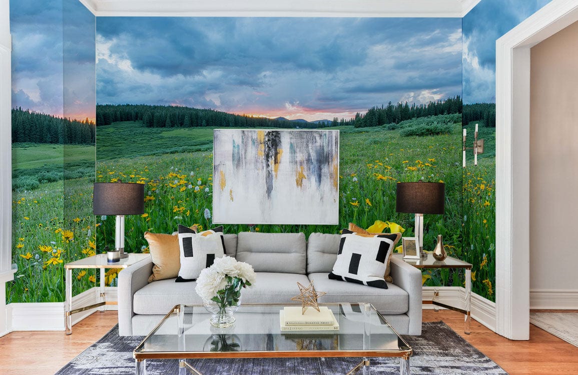Living Room Decoration Featuring a Vibrant Dreamy Hilltop Wallpaper Mural