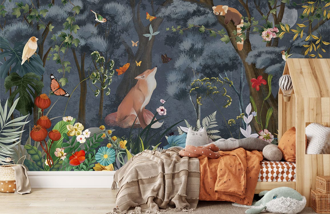 Enchanting Woodland Creatures mural wallpaper in nursery with beige wooden playhouse, plush toys, and light flooring.