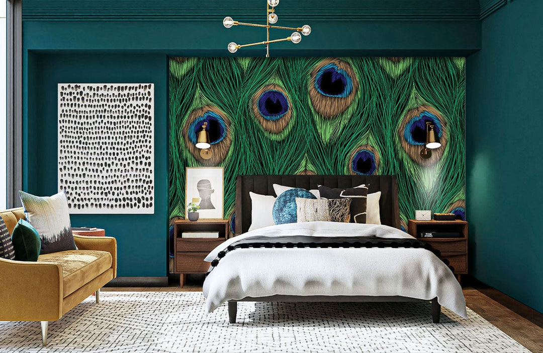 Vibrant green peacock feather wallpaper in elegant bedroom with mustard sofa, teal walls, modern decor.