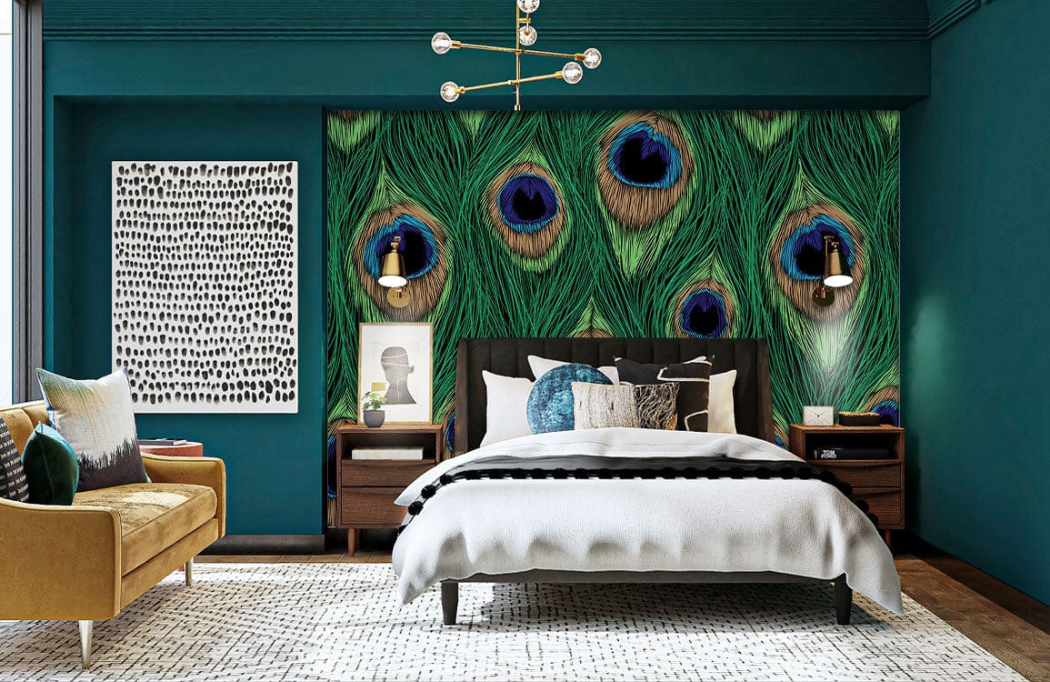 Vibrant green peacock feather wallpaper in elegant bedroom with mustard sofa, teal walls, modern decor.