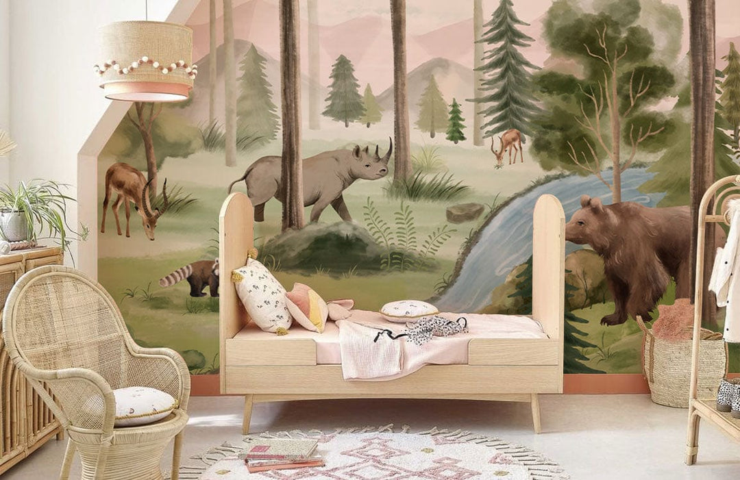 Children's room with Enchanted Woodland Adventure Mural, pastel safari theme, natural furniture, and soft decor.