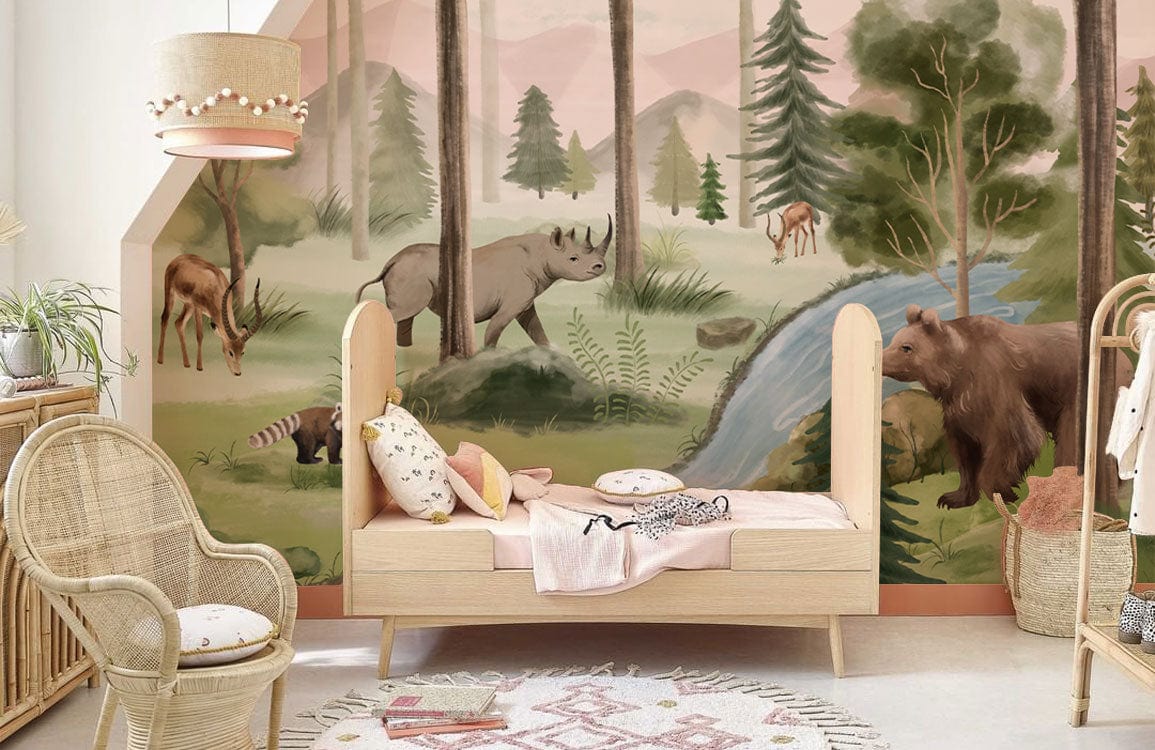 Children's room with Enchanted Woodland Adventure Mural, pastel safari theme, natural furniture, and soft decor.