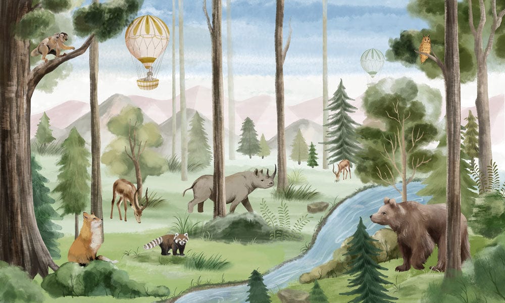 Enchanted Woodland Adventure Mural Wallpaper: Delightful Pastel Safari Dreamscape