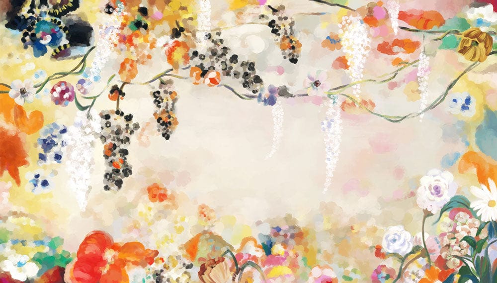 Vibrant Watercolour Floral Garden Mural Wallpaper - Colourful Nature-Inspired Artistic Design