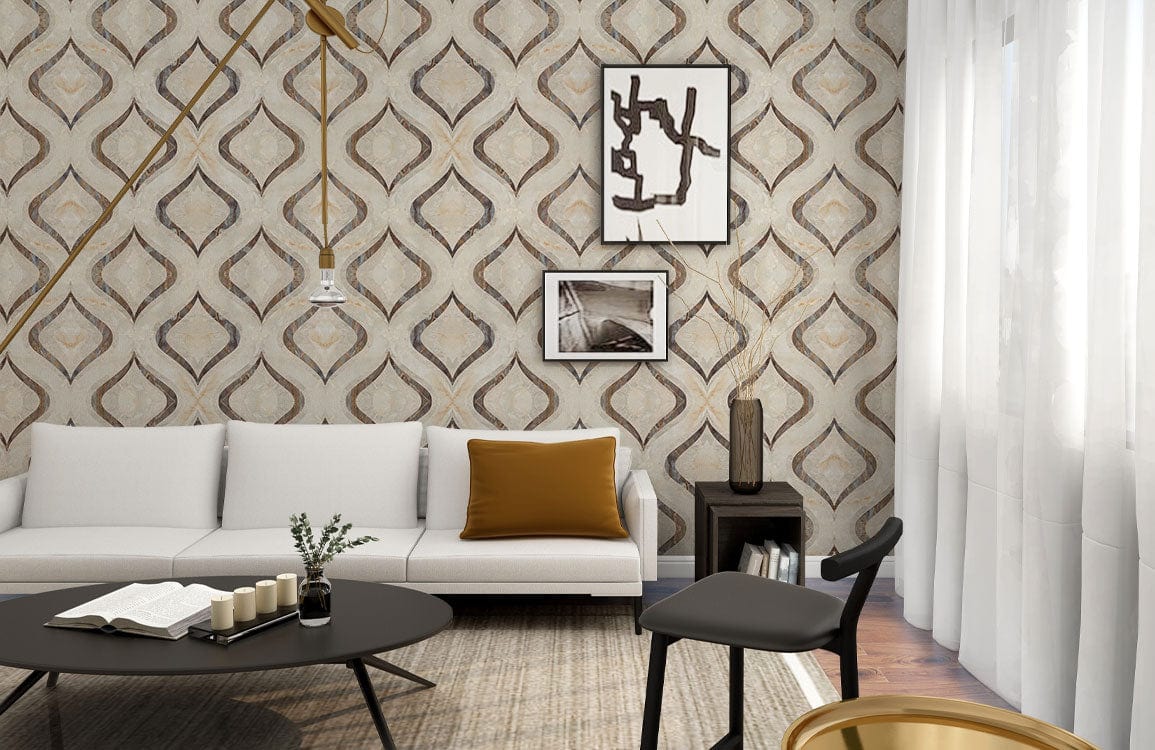 Elegant Beige Geometric Pattern Wallpaper with stylish sofa, modern lighting, and chic wall art decor.