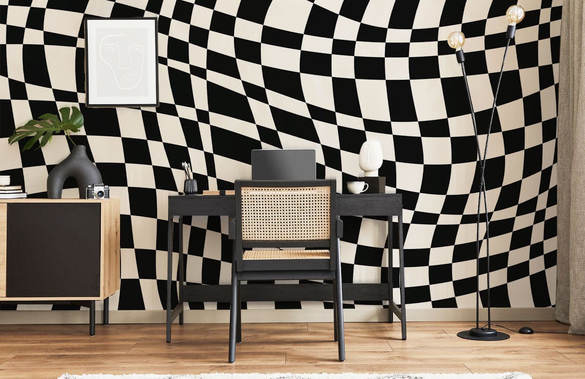 Wallcovering Mural with a Wavy Checkerboard Grid Design for the Office Decor