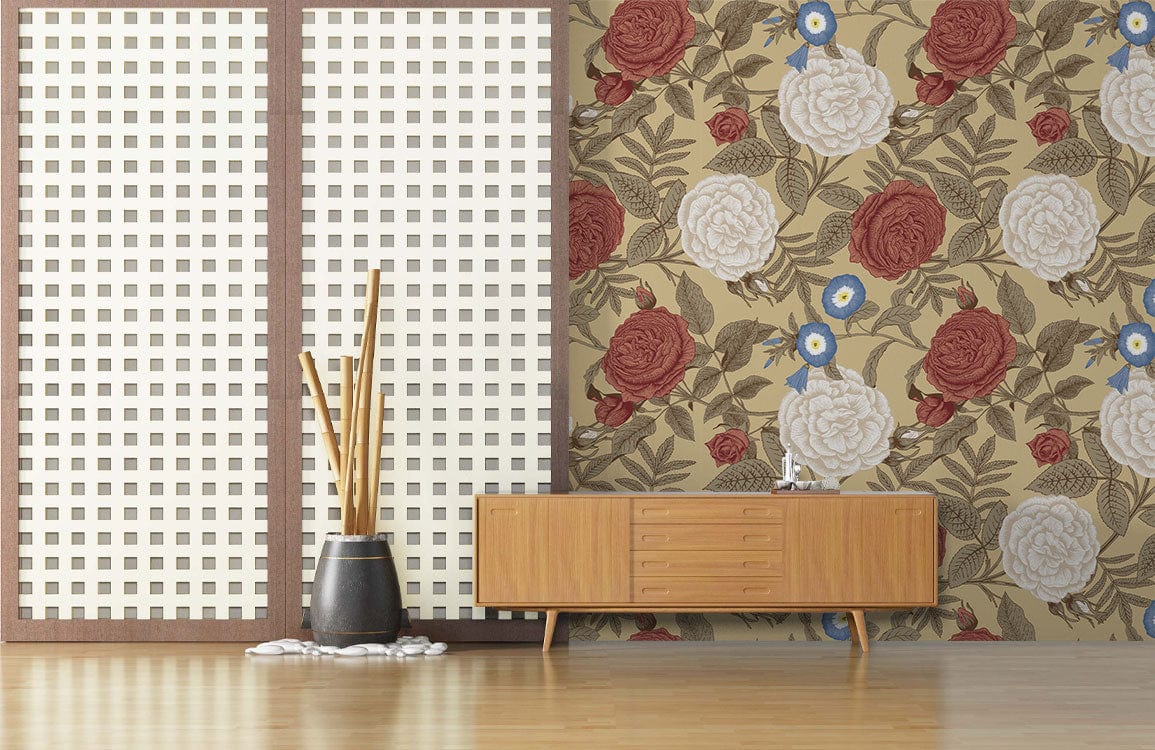 Victorian floral wallpaper, beige wall, vintage roses, wooden cabinet, bamboo vase, light wood floor.