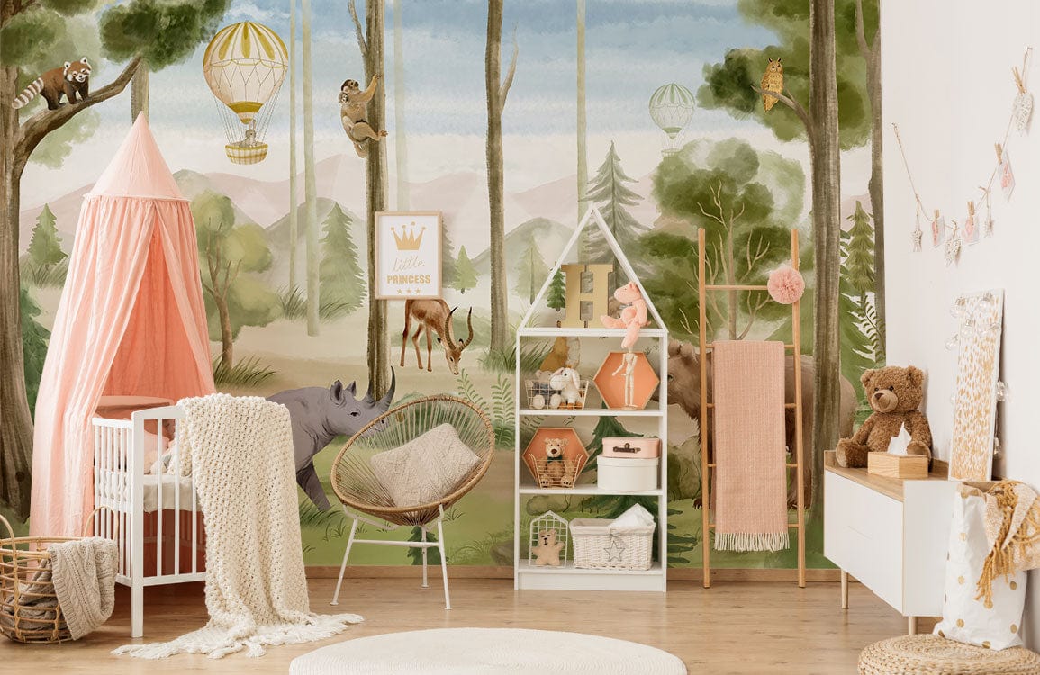 Scenic Forest Adventure Animal Mural Wallpaper in nursery, features pink canopy, rustic shelf, wooden flooring.