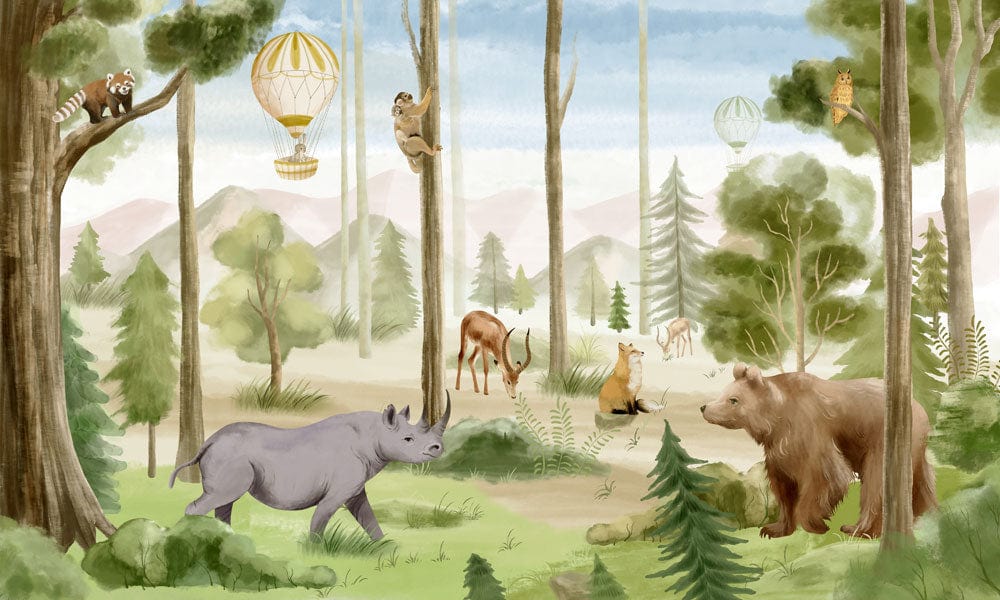 Scenic Forest Adventure Animal Mural Wallpaper, Watercolour Wilderness in Soft Greens
