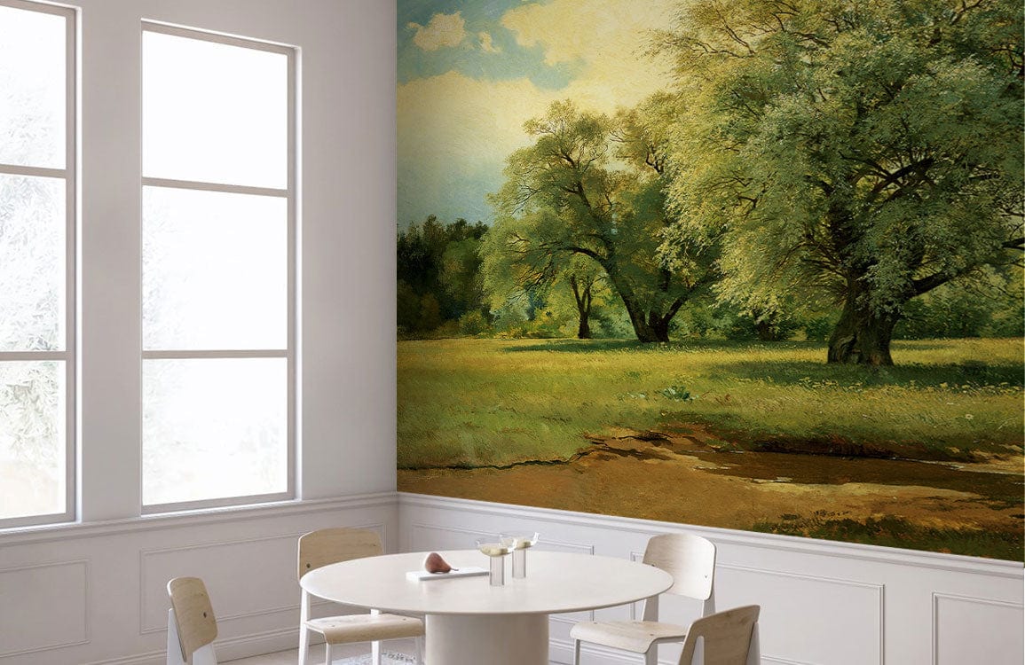 Tranquil Nature Scene Mural Wallpaper with lush landscape in modern dining room with white round table.