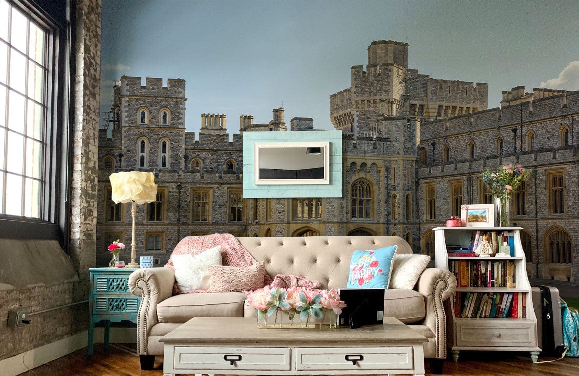 Regal stone castle mural in elegant living room with beige sofa, rustic decor, and hardwood flooring.