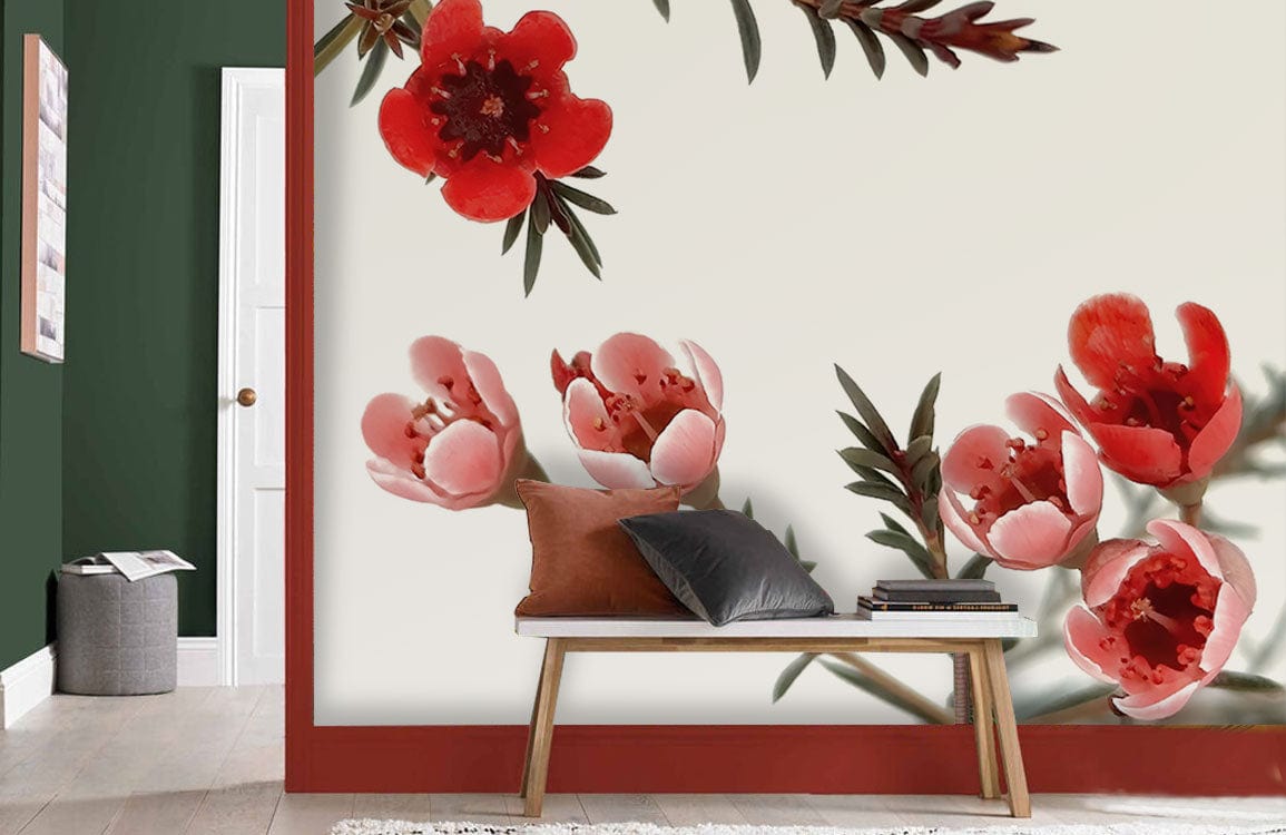 Elegant Red Blossom Floral Mural Wallpaper with bench, cushions, and light wood flooring in living room.