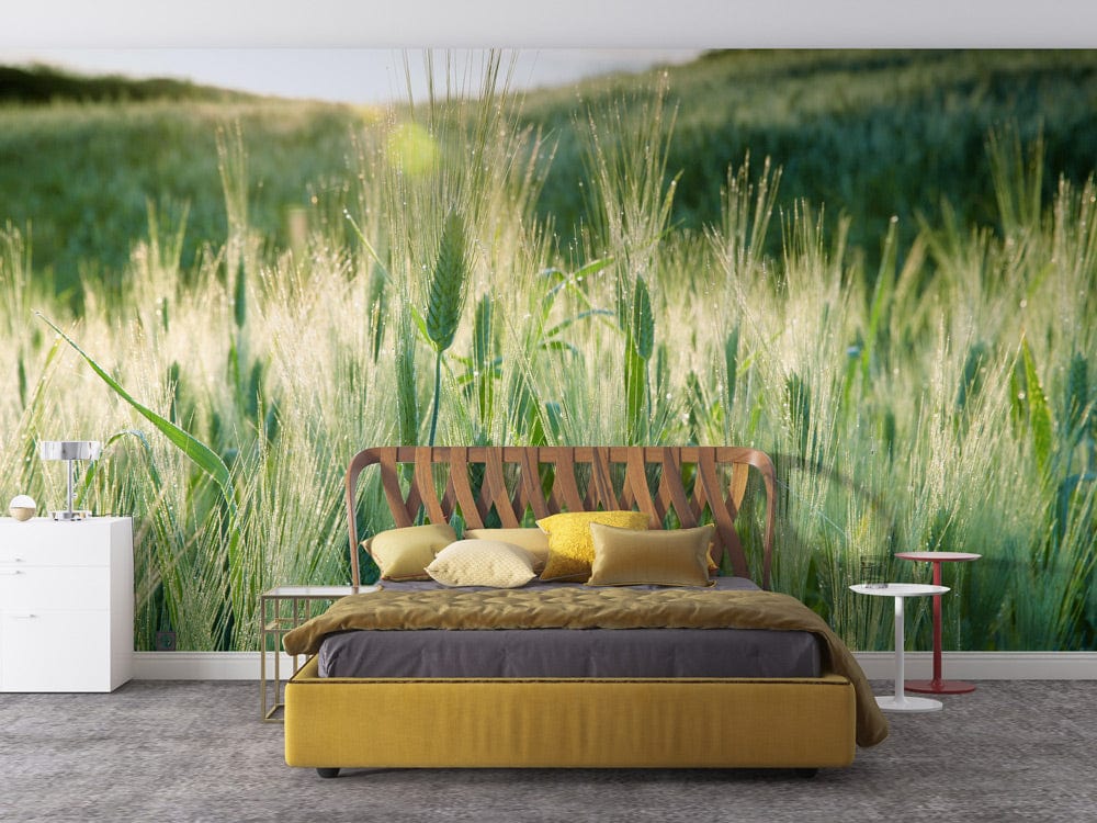 Sunlit Meadow Green Grass Wallpaper Mural in bedroom with mustard sofa, neutral walls, and grey carpet.