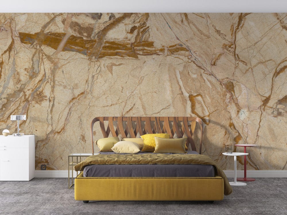Gold marble luxury mural wallpaper, yellow bed, grey carpet, white chest, elegant bedroom interior design.