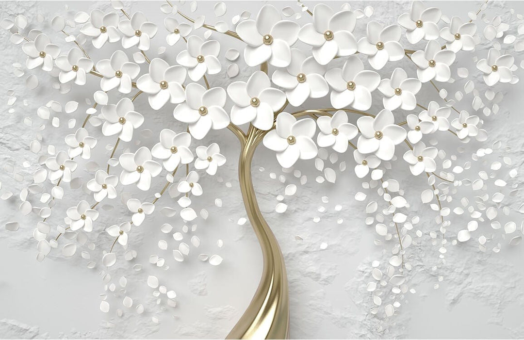 Elegant White Floral Tree Mural Wallpaper with Gold Accents - Modern Decor