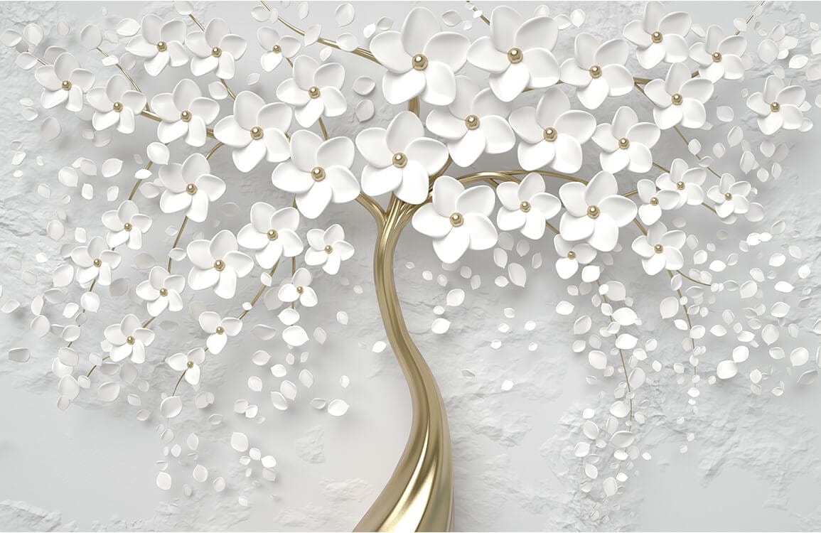 Elegant White Floral Tree Mural Wallpaper with Gold Accents - Modern Decor