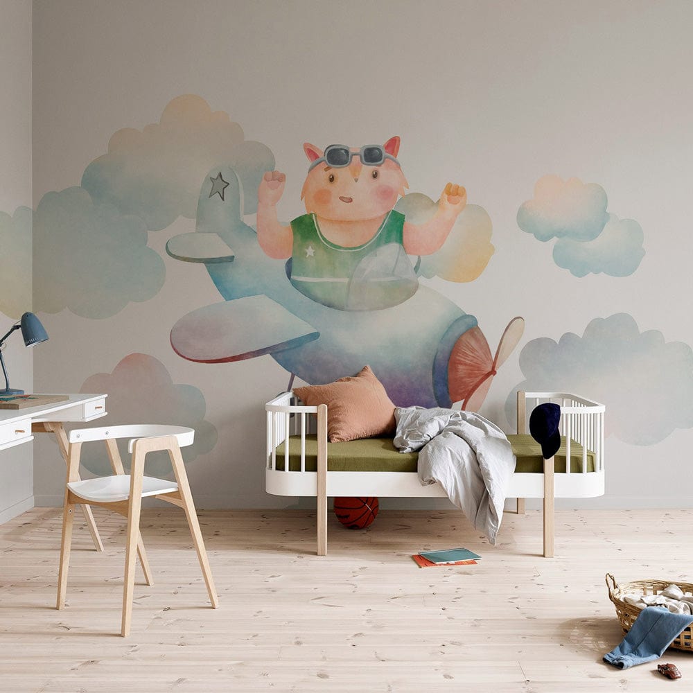 Whimsical Aviator Bear Mural Wallpaper in Pastel Watercolour Clouds Design