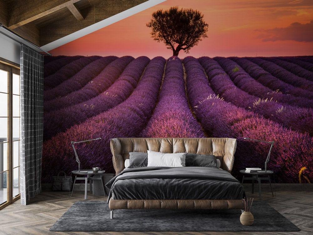 Lavender Fields Sunset Bliss wallpaper with grey herringbone flooring, wooden bed, rustic beams, modern bedroom.