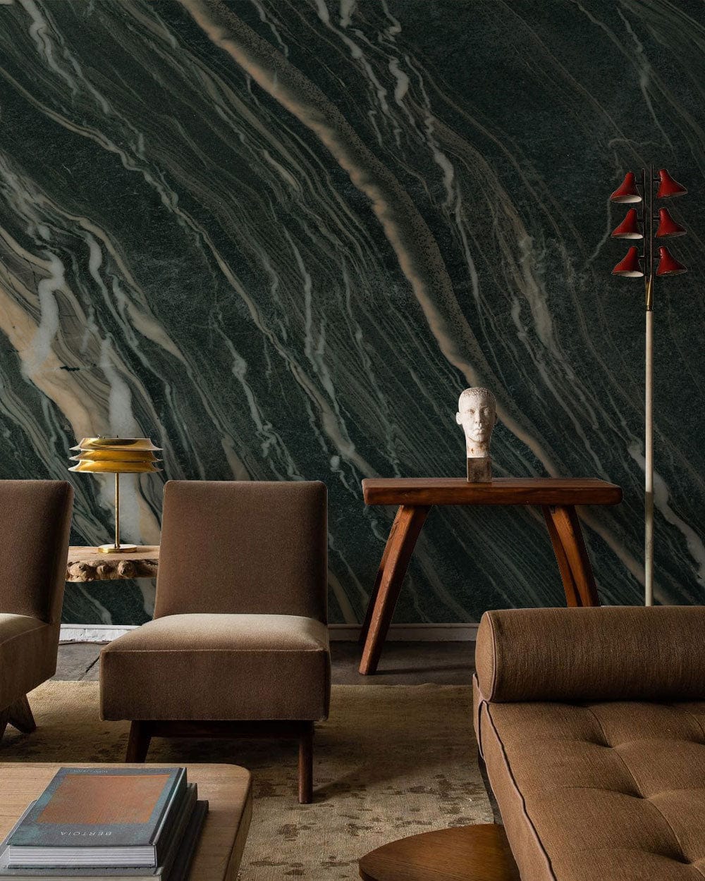 Elegant Dark Marble Effect Wallpaper in living room with brown sofa and modern floor lamp.
