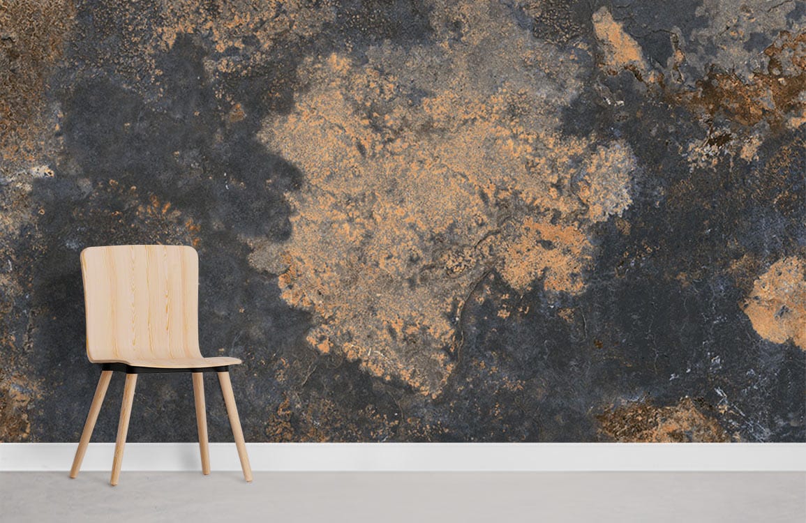 Rustic industrial chic mural wallpaper in grey tones with wooden chair and concrete flooring in living room.
