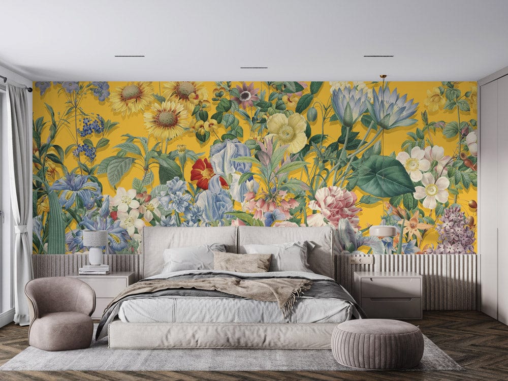 Yellow botanical mural wallpaper, elegant bedroom, stylish bed, grey armchair, wooden flooring, floral symphony.